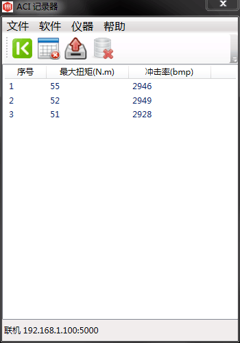 三次測量日本Panasonic充電式沖擊起子得到的最大扭矩值和沖擊數發(fā)送到電腦上的數據